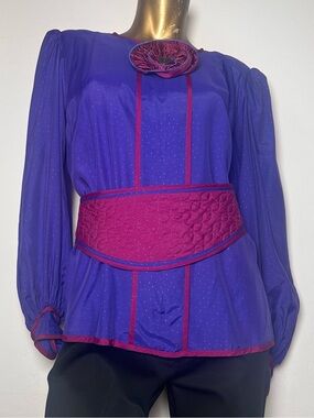 Vintage Jeanne Marc Purple micro Polka Dot Blouse Petite 4/6 80s Rosette Top
